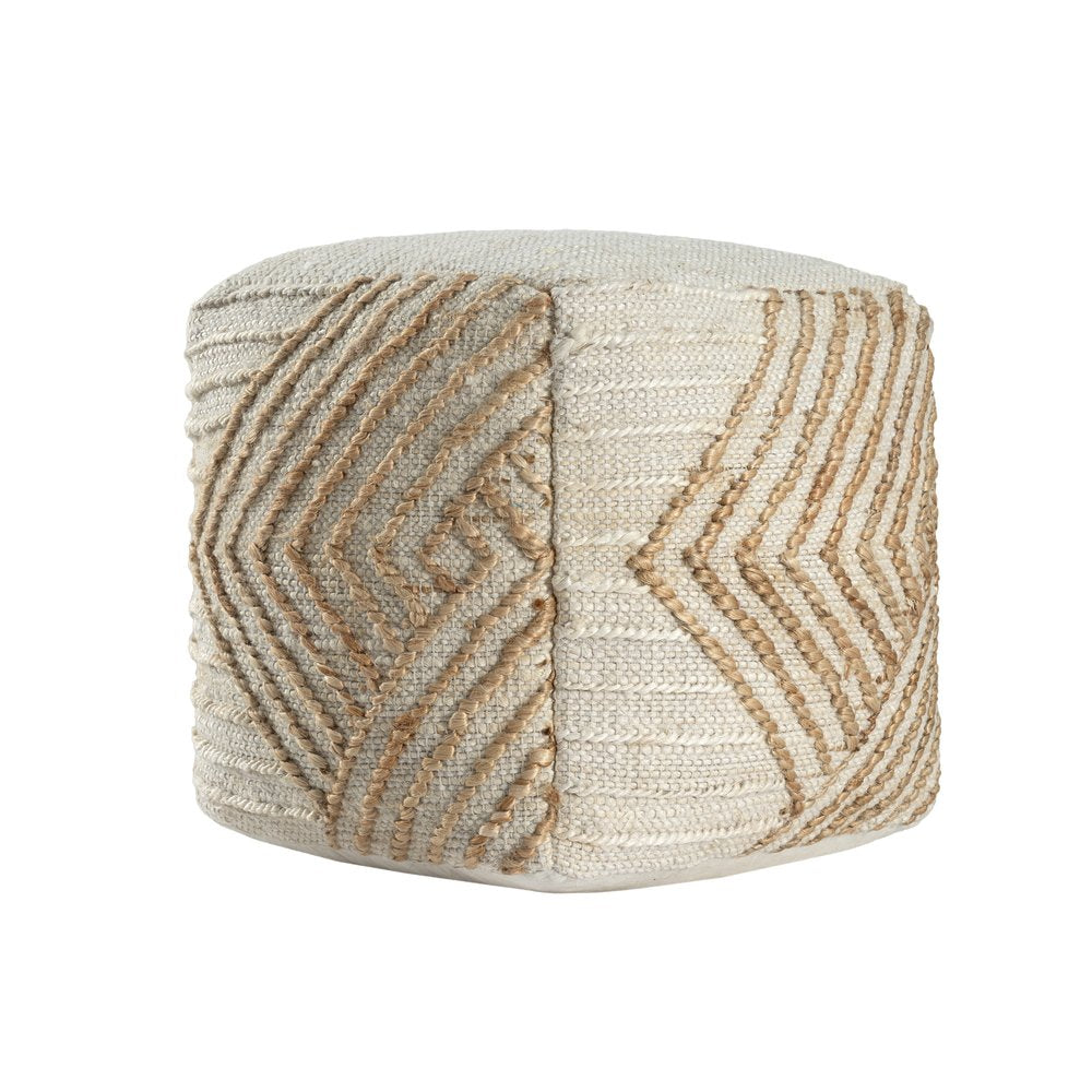 18" Natural and Off White Cotton Jute And Wool Geometric Cube Pouf Ottoman