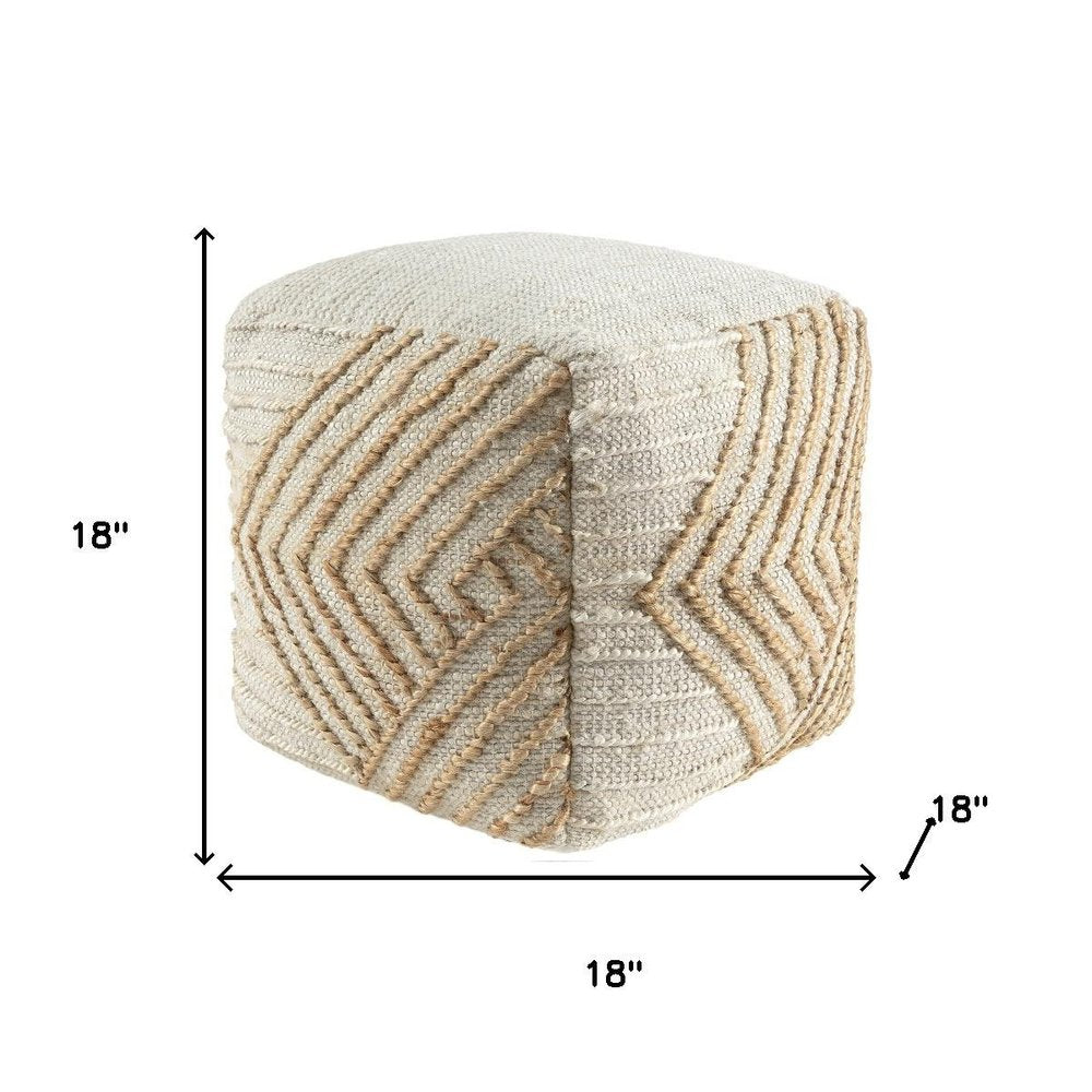 18" Natural and Off White Cotton Jute And Wool Geometric Cube Pouf Ottoman