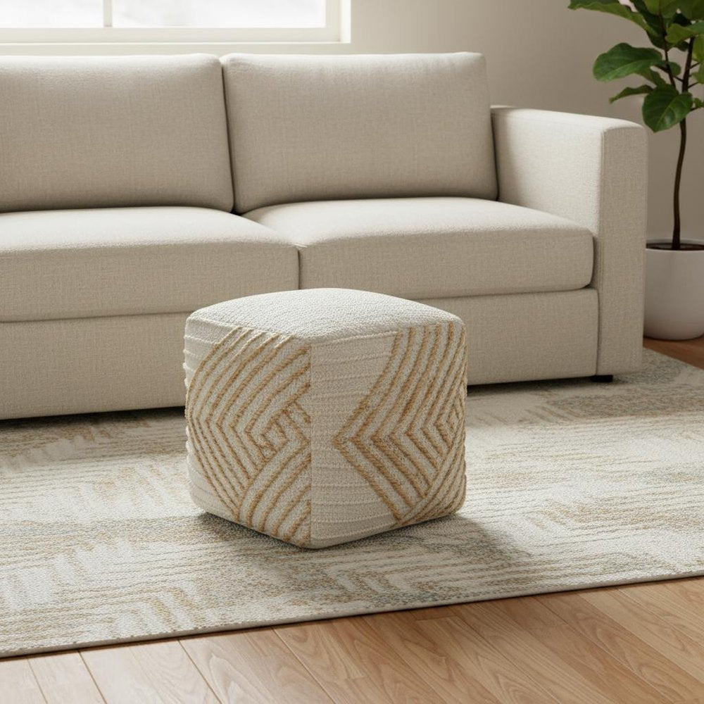 18" Natural and Off White Cotton Jute And Wool Geometric Cube Pouf Ottoman