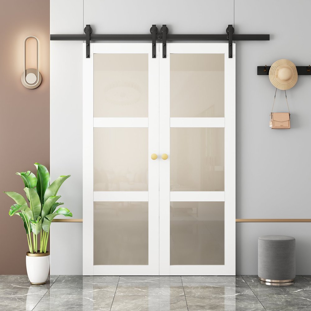 Set Of Two 84" White Glass Sliding Closet Doors