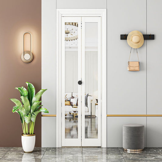 Set Of Two 78" White Glass Bi-Fold Door