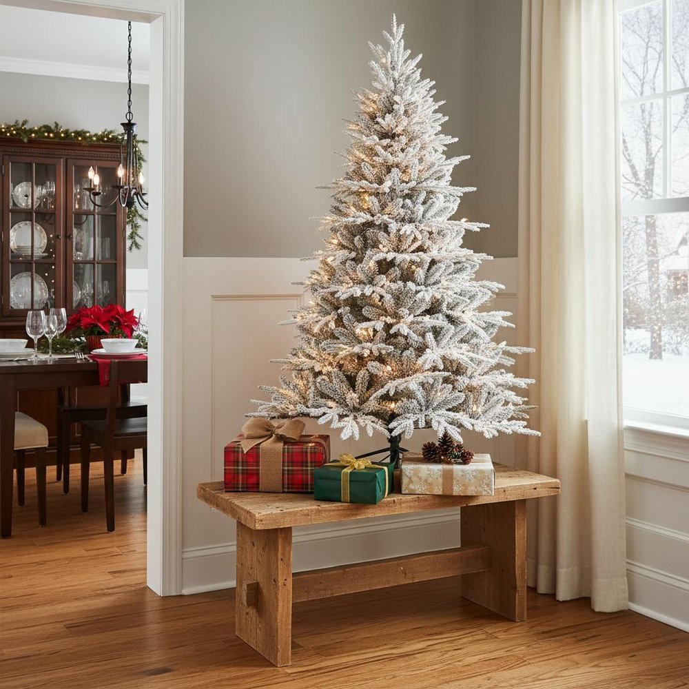 7.5' White Pre Lit Full Flocked Pine Christmas Tree With Decorations