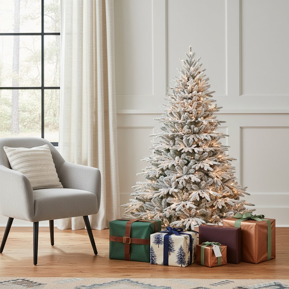 7.5' White Pre Lit Full Flocked Pine Christmas Tree With Decorations