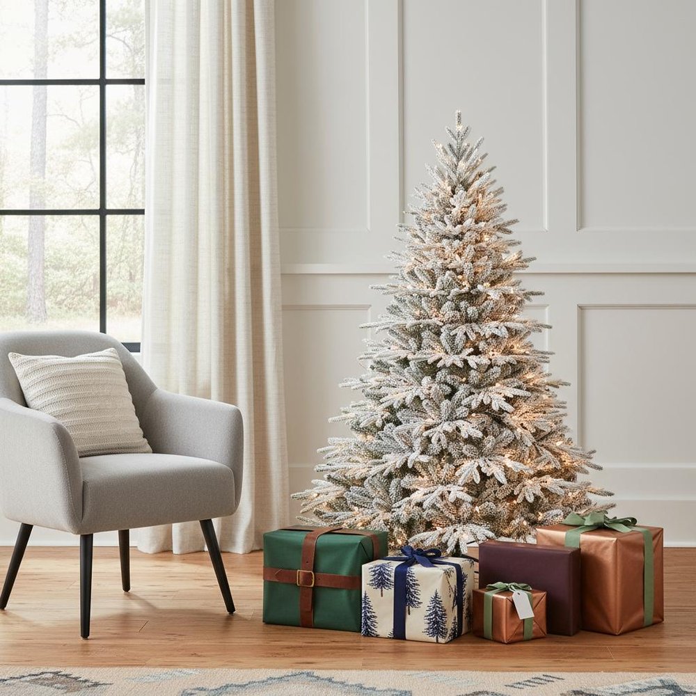 6.5' White Pre Lit Full Flocked Pine Christmas Tree With Decorations