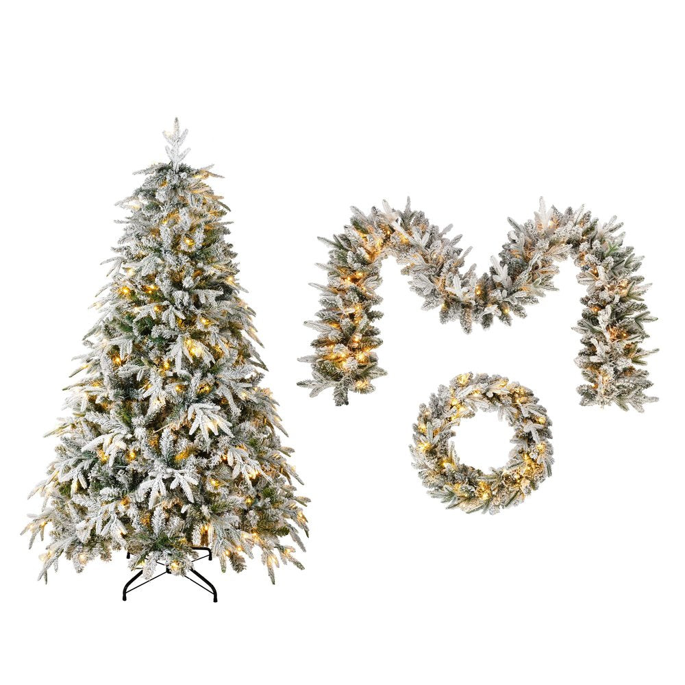 6' White Pre Lit Full Flocked Spruce Christmas Tree With Decorations