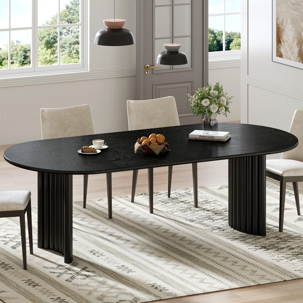 79" Black Solid Wood Mirrored Double Pedestal Base Oval Dining Table