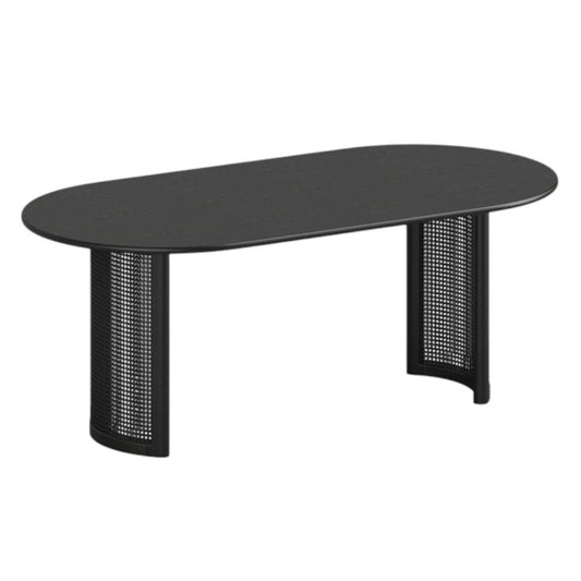 79" Black Solid Wood Double And Rattan Pedestal Base Oval Dining Table