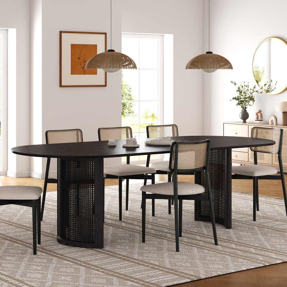 79" Black Solid Wood Mirrored Double Pedestal Base Oval Dining Table