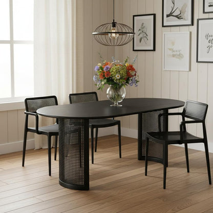 79" Black Solid Wood Mirrored Double Pedestal Base Oval Dining Table