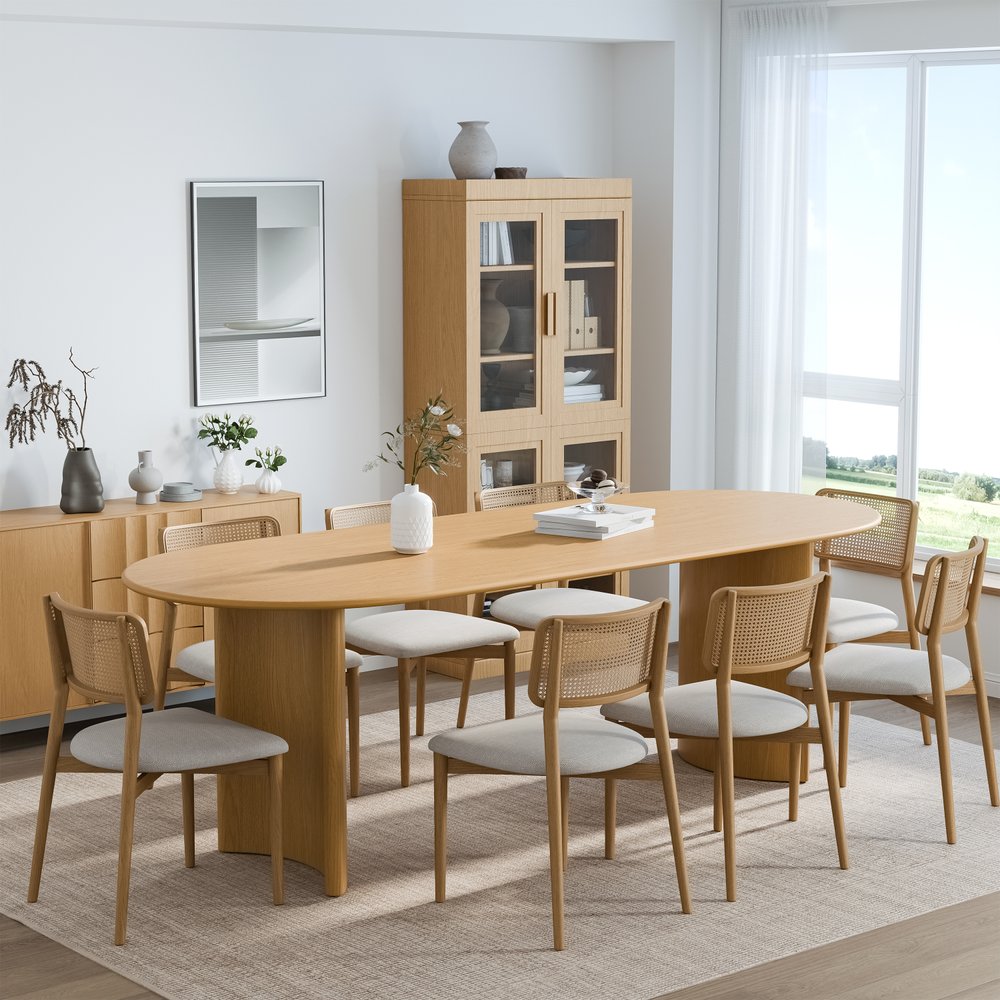 79" Natural Solid Wood Mirrored Double Pedestal Base Oval Dining Table