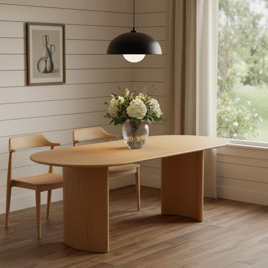 79" Natural Solid Wood Mirrored Double Pedestal Base Oval Dining Table