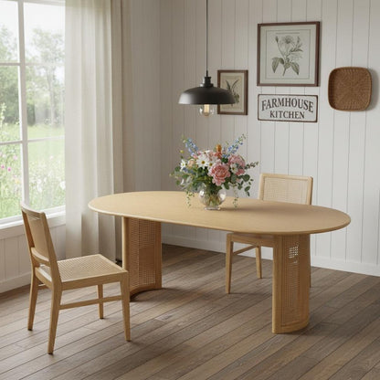 79" Natural Solid Wood Mirrored Double Pedestal Base Oval Dining Table