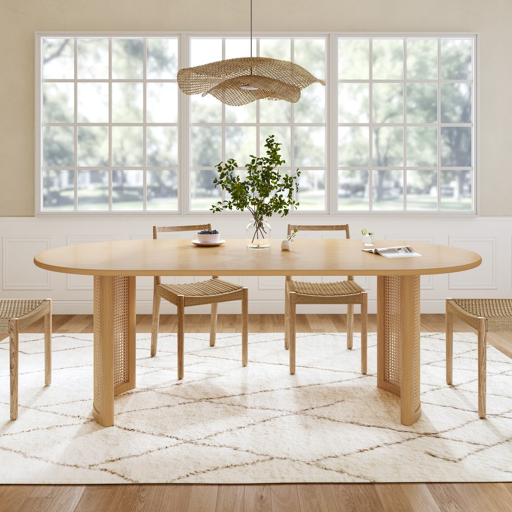 79" Natural Solid Wood Mirrored Double Pedestal Base Oval Dining Table