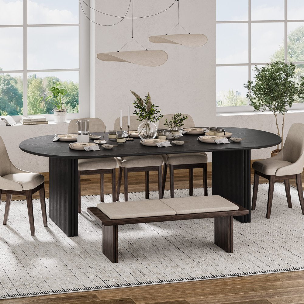 79" Black Solid Wood Mirrored Double Pedestal Base Oval Dining Table