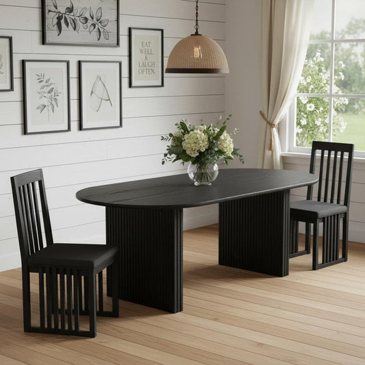 79" Black Solid Wood Mirrored Double Pedestal Base Oval Dining Table