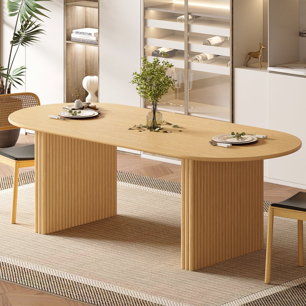 79" Natural Solid Wood Mirrored Double Pedestal Base Oval Dining Table