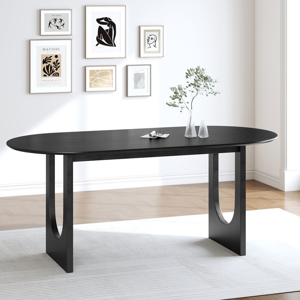 79" Black Solid Wood Mirrored Double Pedestal Base Oval Dining Table