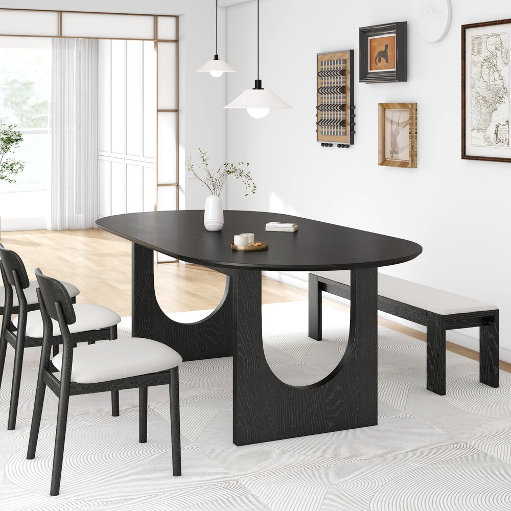 79" Black Solid Wood Mirrored Double Pedestal Base Oval Dining Table