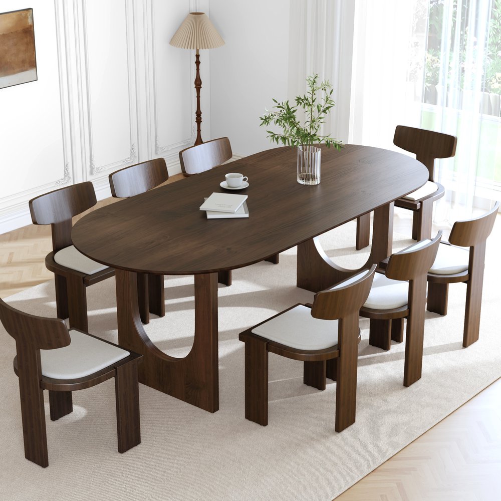 79" Walnut Solid Wood Mirrored Double Pedestal Base Oval Dining Table