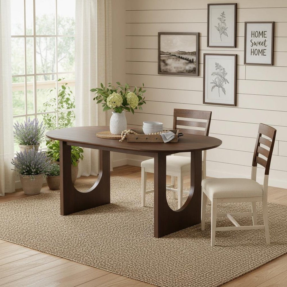 79" Walnut Solid Wood Geo Double Pedestal Base Oval Dining Table