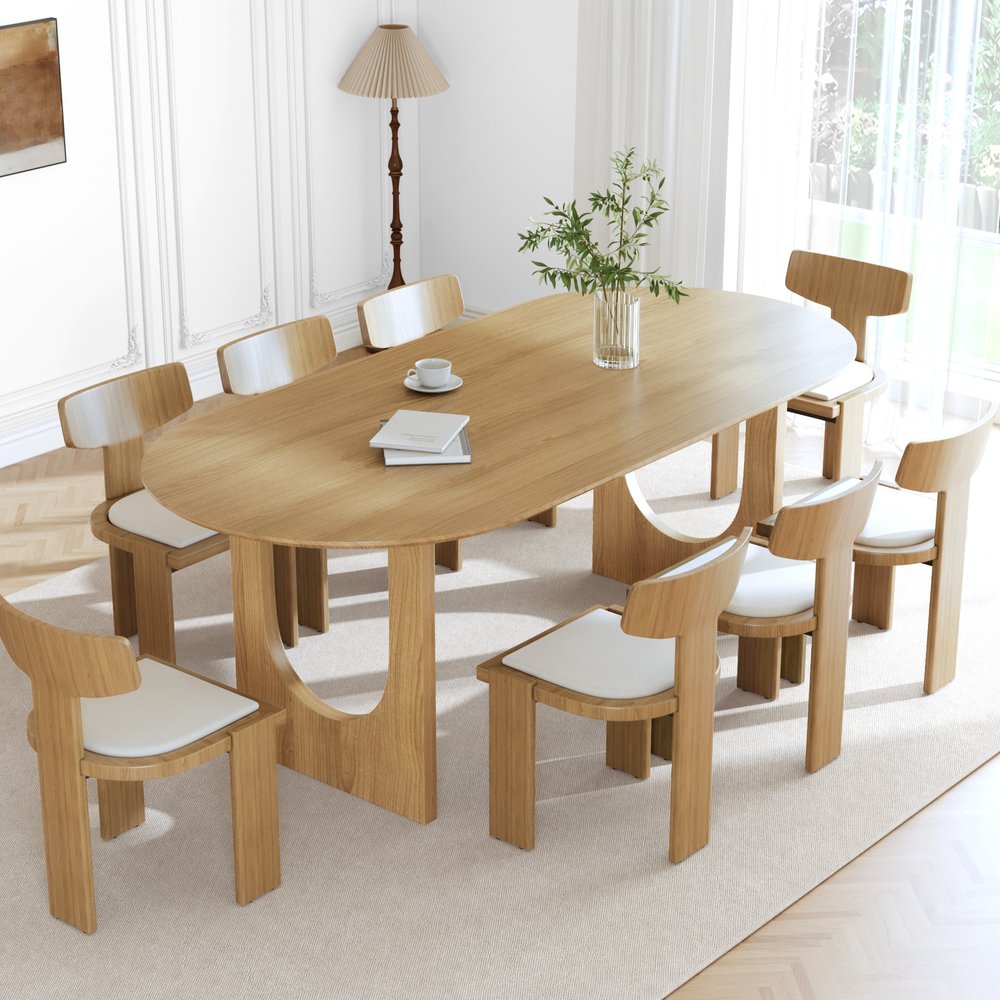 79" Natural Solid Wood Mirrored Double Pedestal Base Oval Dining Table