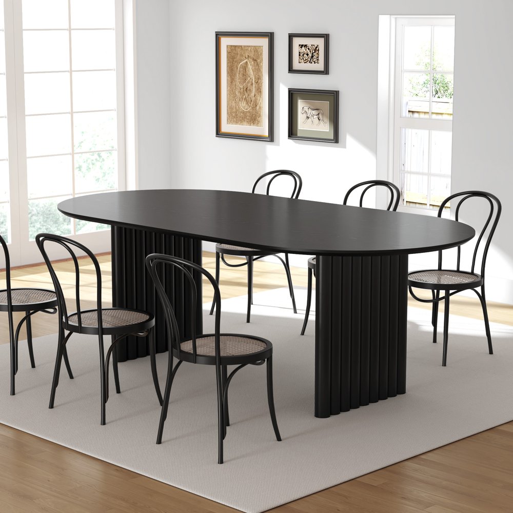 79" Black Solid Wood Mirrored Double Pedestal Base Oval Dining Table