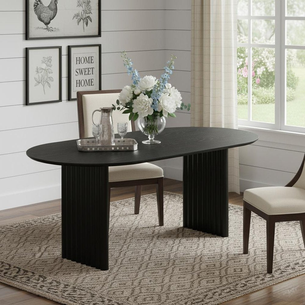 79" Black Solid Wood Double Pedestal Base Oval Dining Table