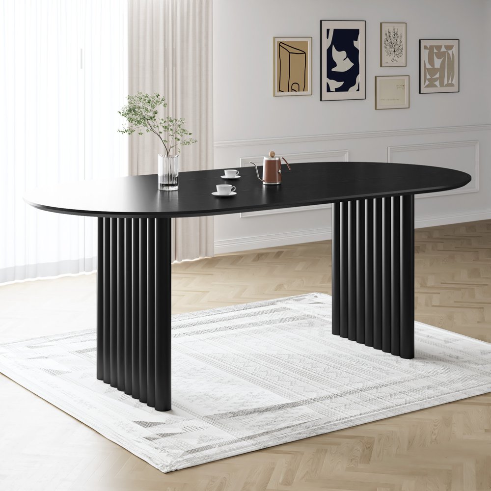 79" Walnut Solid Wood Mirrored Double Pedestal Base Oval Dining Table