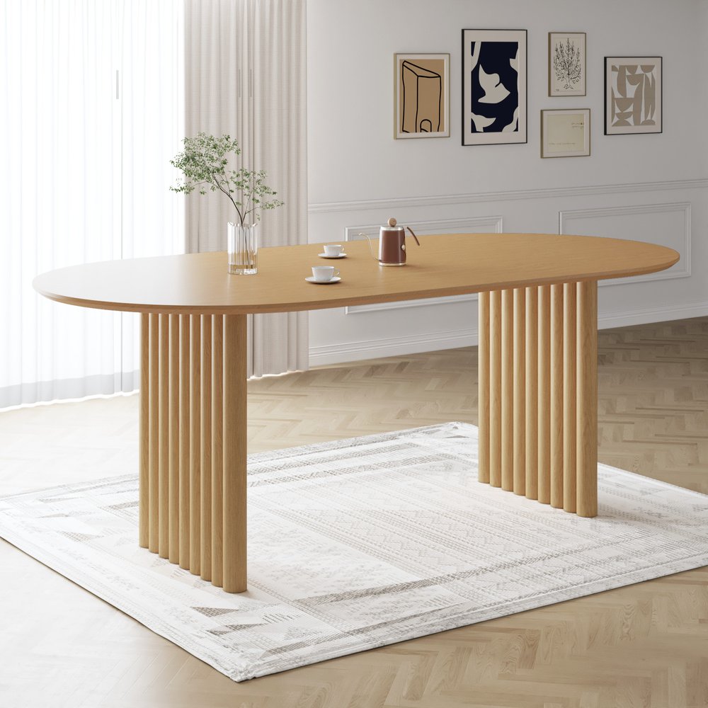 79" Natural Solid Wood Mirrored Double Pedestal Base Oval Dining Table