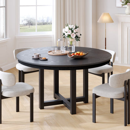 45" Black Solid Wood Mirrored Double Pedestal Base Round Top Dining Table