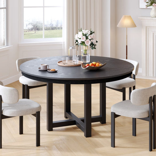 45" Black Solid Wood Mirrored Double Pedestal Base Round Top Dining Table