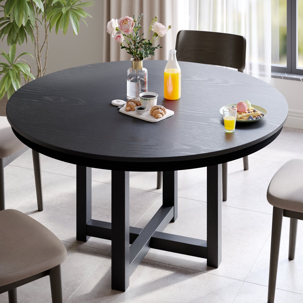 45" Black Solid Wood Mirrored Double Pedestal Base Round Top Dining Table