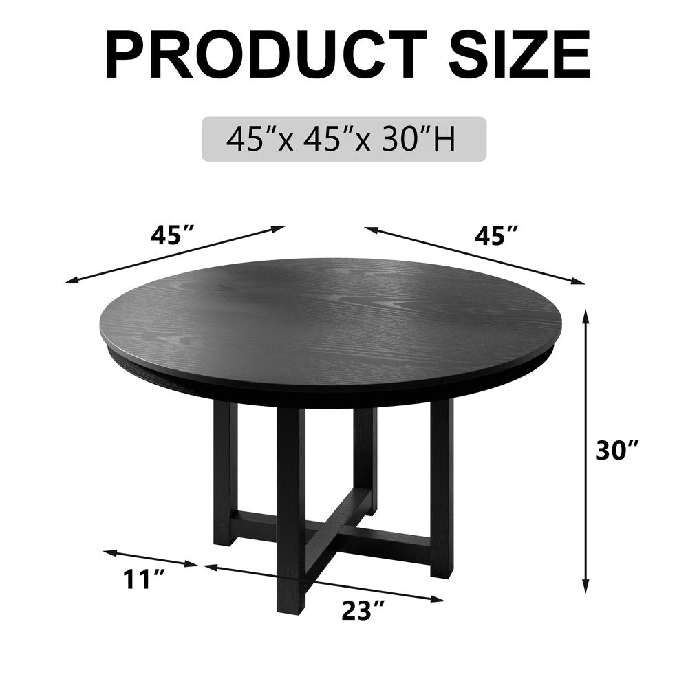 45" Black Solid Wood Mirrored Double Pedestal Base Round Top Dining Table