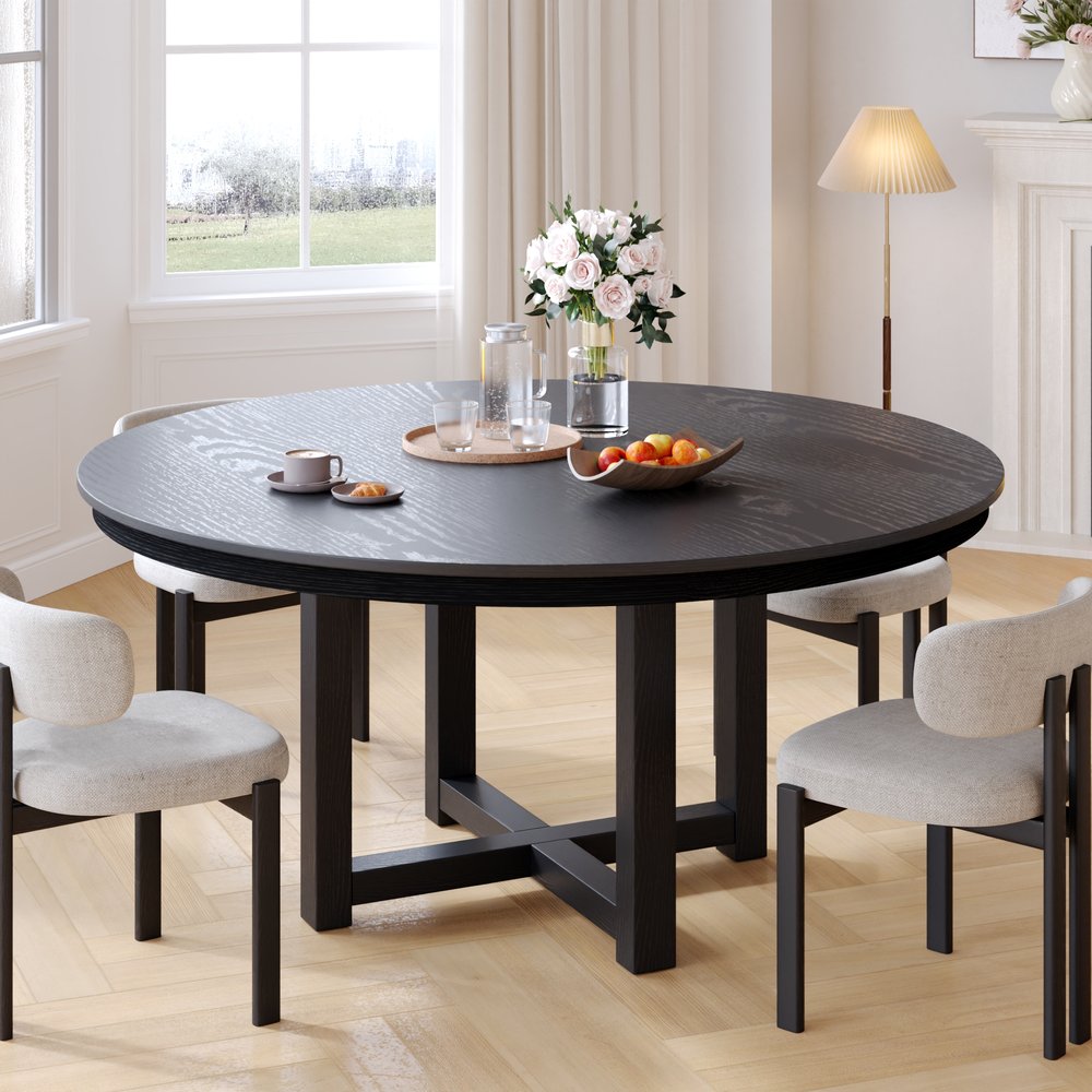 52" Black Solid Wood Mirrored Double Pedestal Base Round Top Dining Table