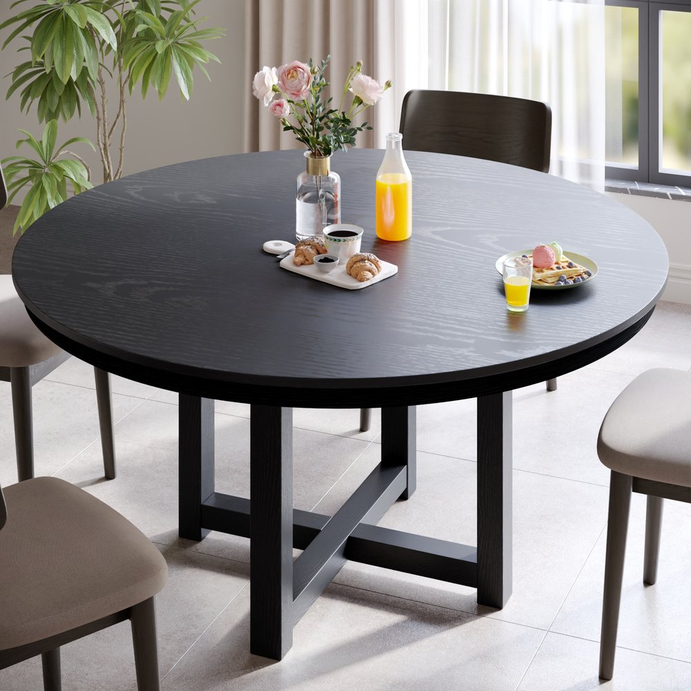 52" Black Solid Wood Mirrored Double Pedestal Base Round Top Dining Table