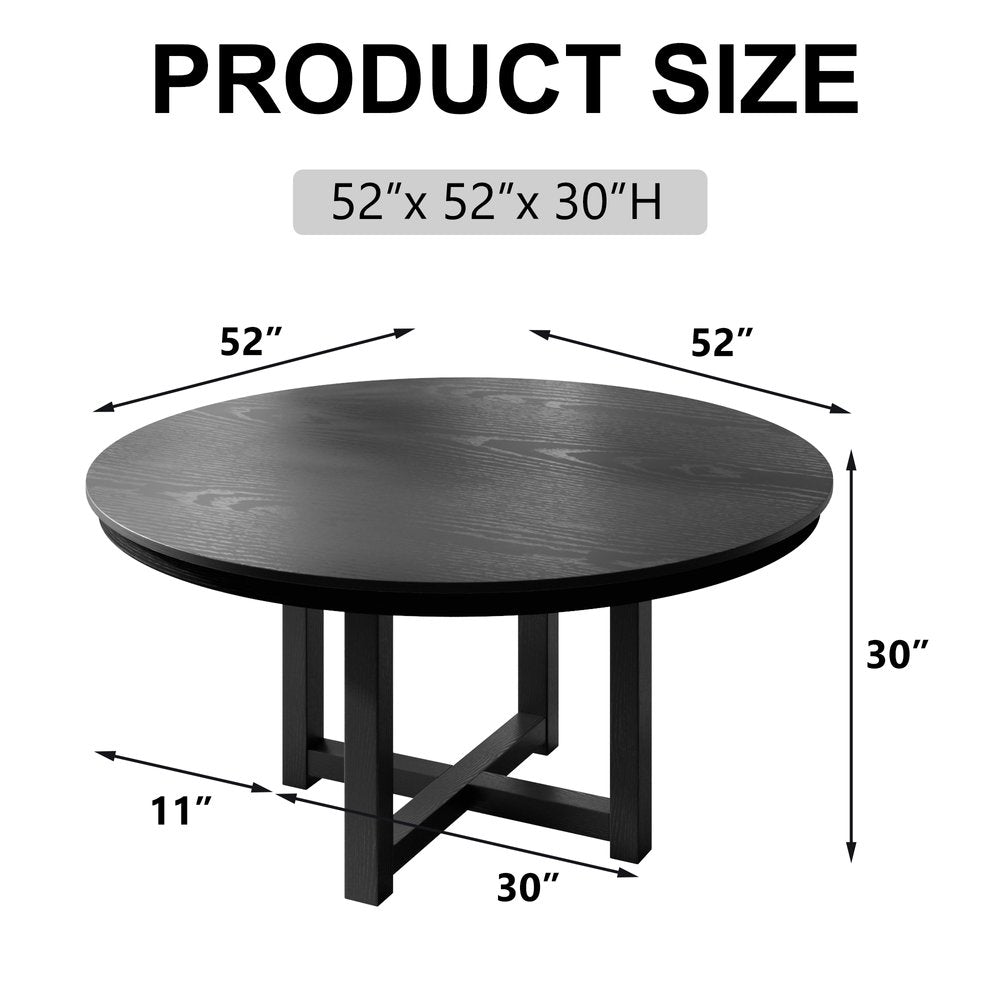 52" Black Solid Wood Round Top Dining Table