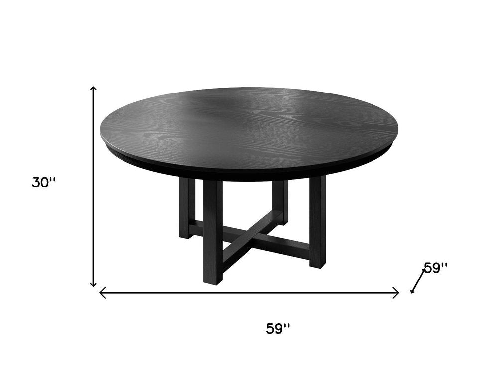 59" Black Solid Wood Mirrored Double Pedestal Base Round Top Dining Table