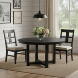 59" Black Solid Wood Mirrored Double Pedestal Base Round Top Dining Table