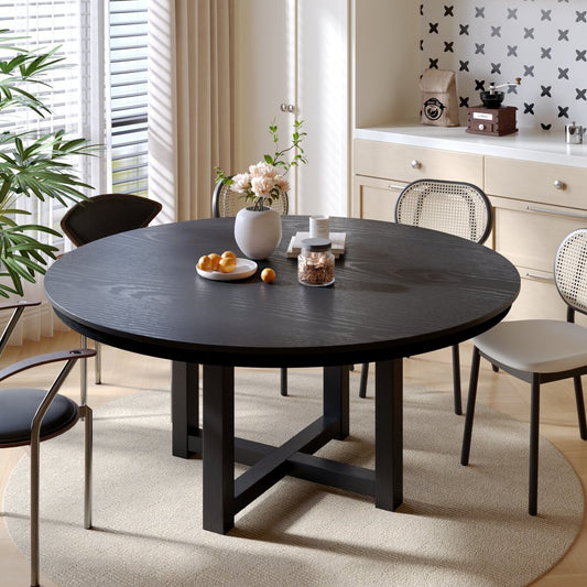 59" Black Solid Wood Mirrored Double Pedestal Base Round Top Dining Table
