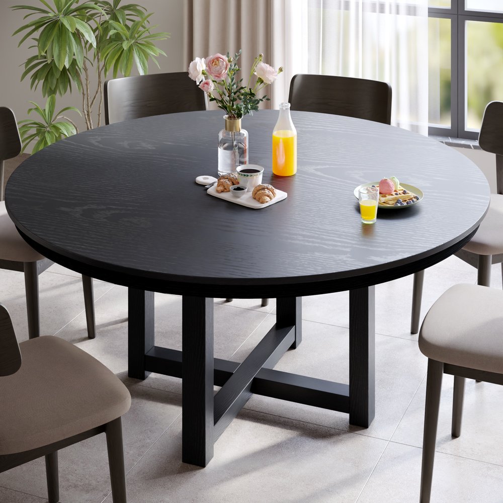 59" Black Solid Wood Mirrored Double Pedestal Base Round Top Dining Table