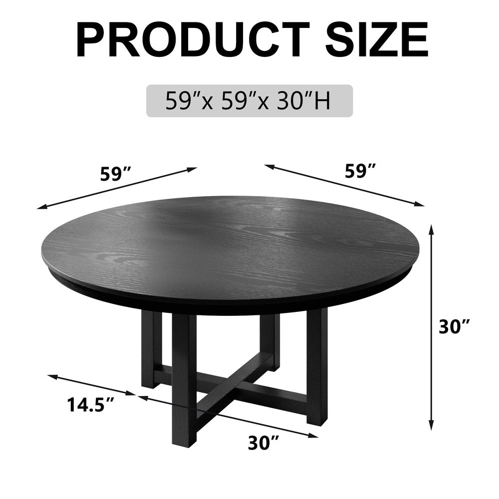 59" Black Solid Wood Mirrored Double Pedestal Base Round Top Dining Table