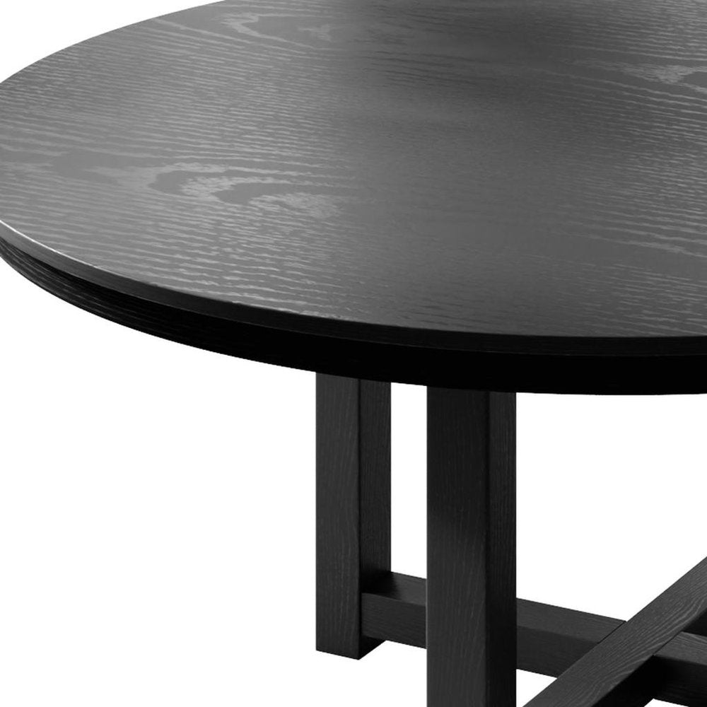 59" Black Solid Wood Mirrored Double Pedestal Base Round Top Dining Table