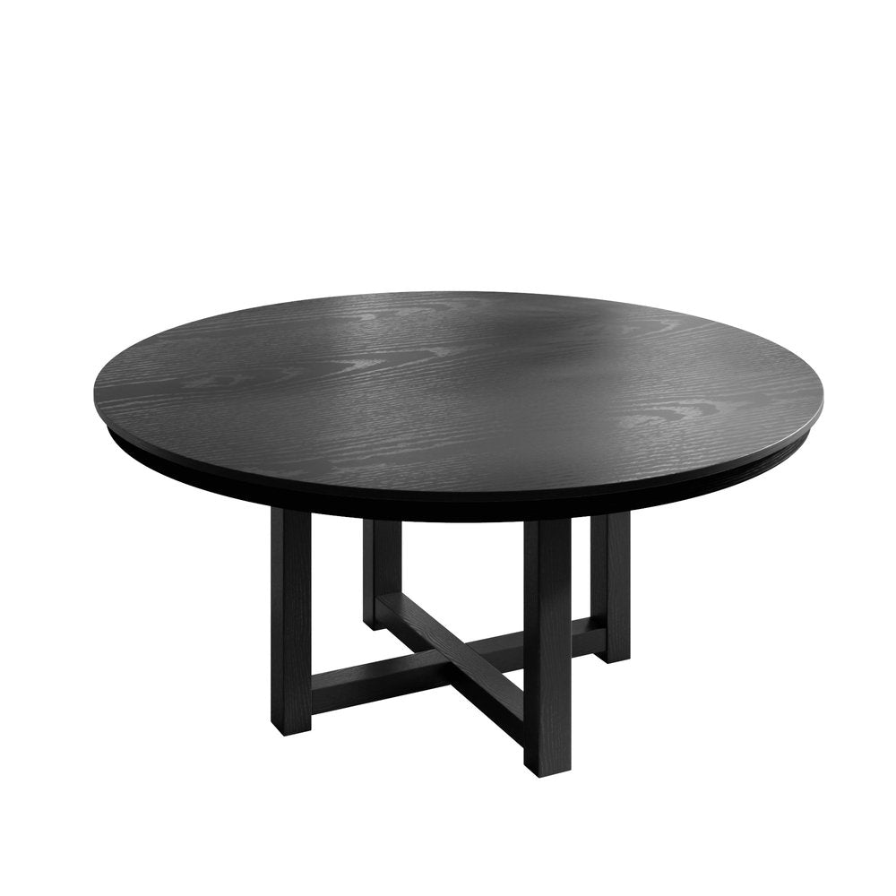 59" Black Solid Wood Mirrored Double Pedestal Base Round Top Dining Table