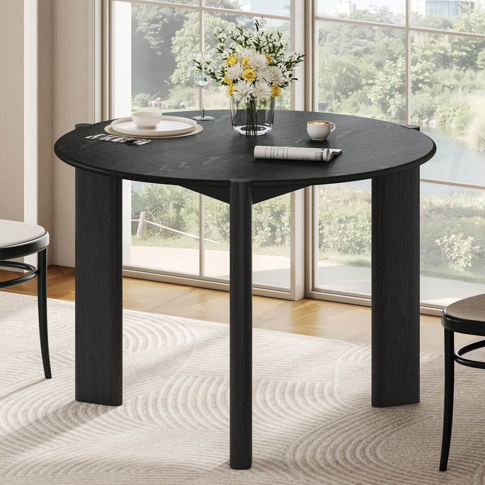 42" Black Solid Wood Mirrored Double Pedestal Base Round Top Dining Table