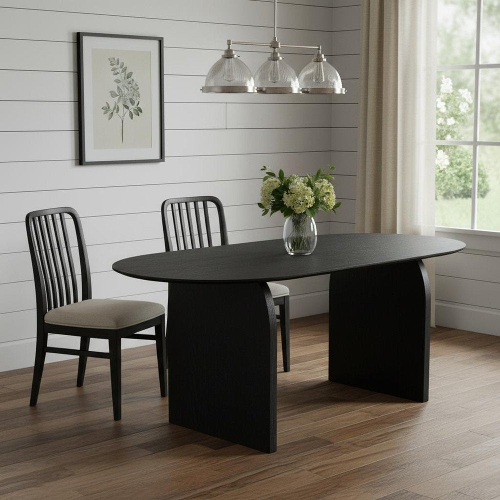79" Black Solid Wood Mirrored Double Pedestal Base Oval Dining Table