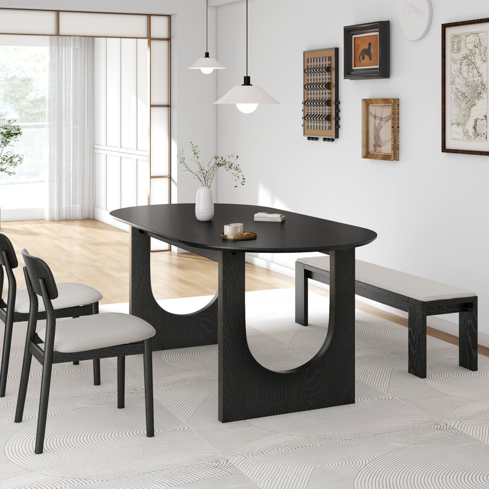 67" Black Solid Wood Mirrored Double Pedestal Base Oval Dining Table