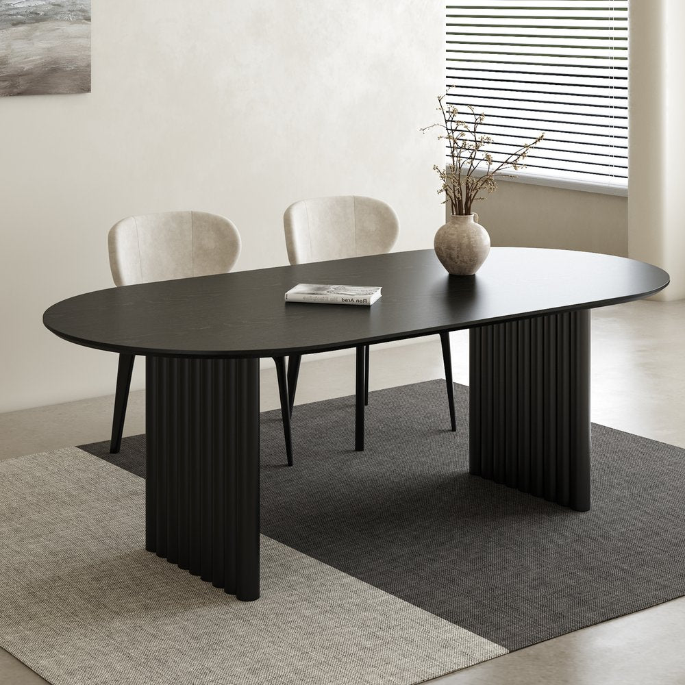 67" Black Solid Wood Mirrored Double Pedestal Base Oval Dining Table