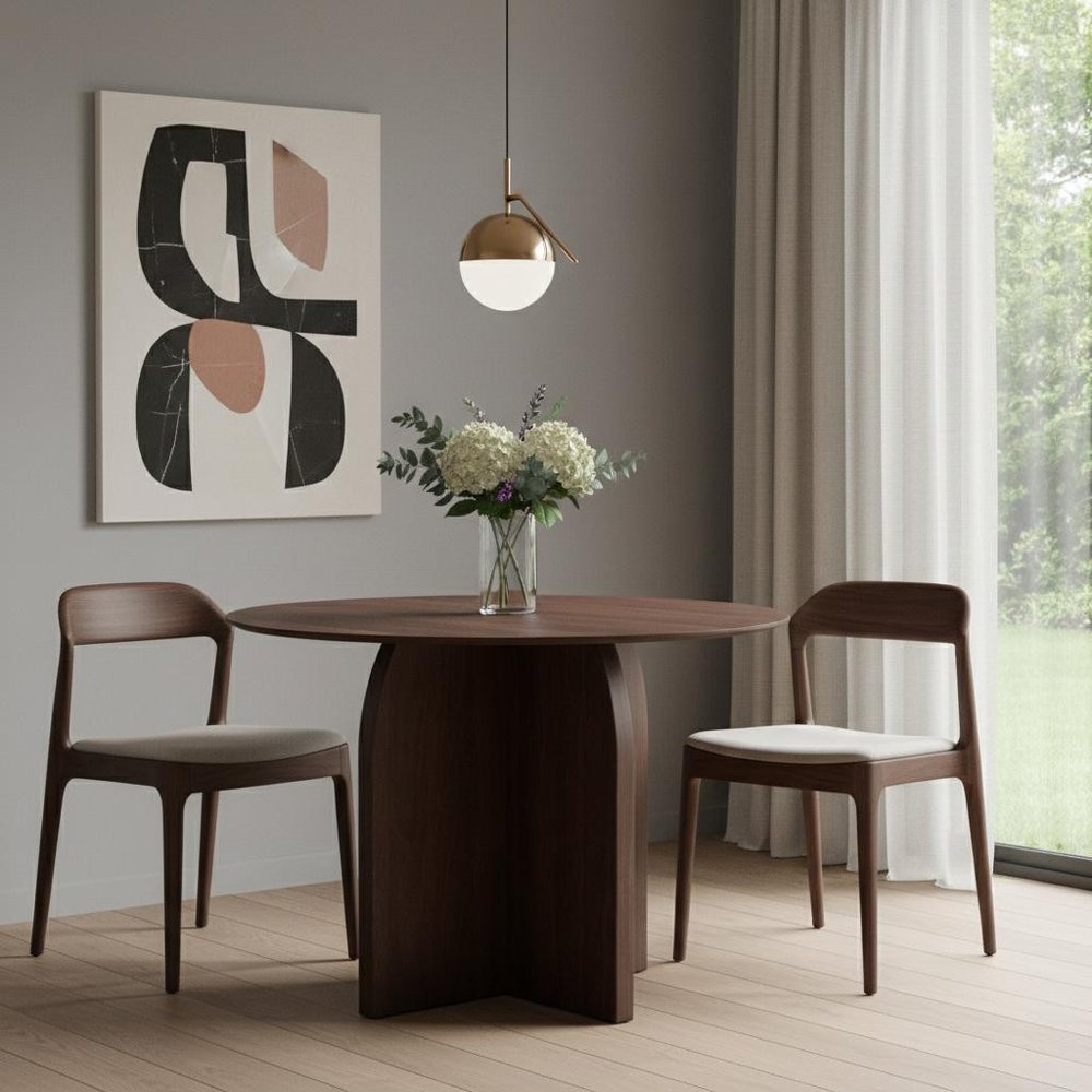 42" Brown Solid Wood Pedestal Base Round Top Dining Table