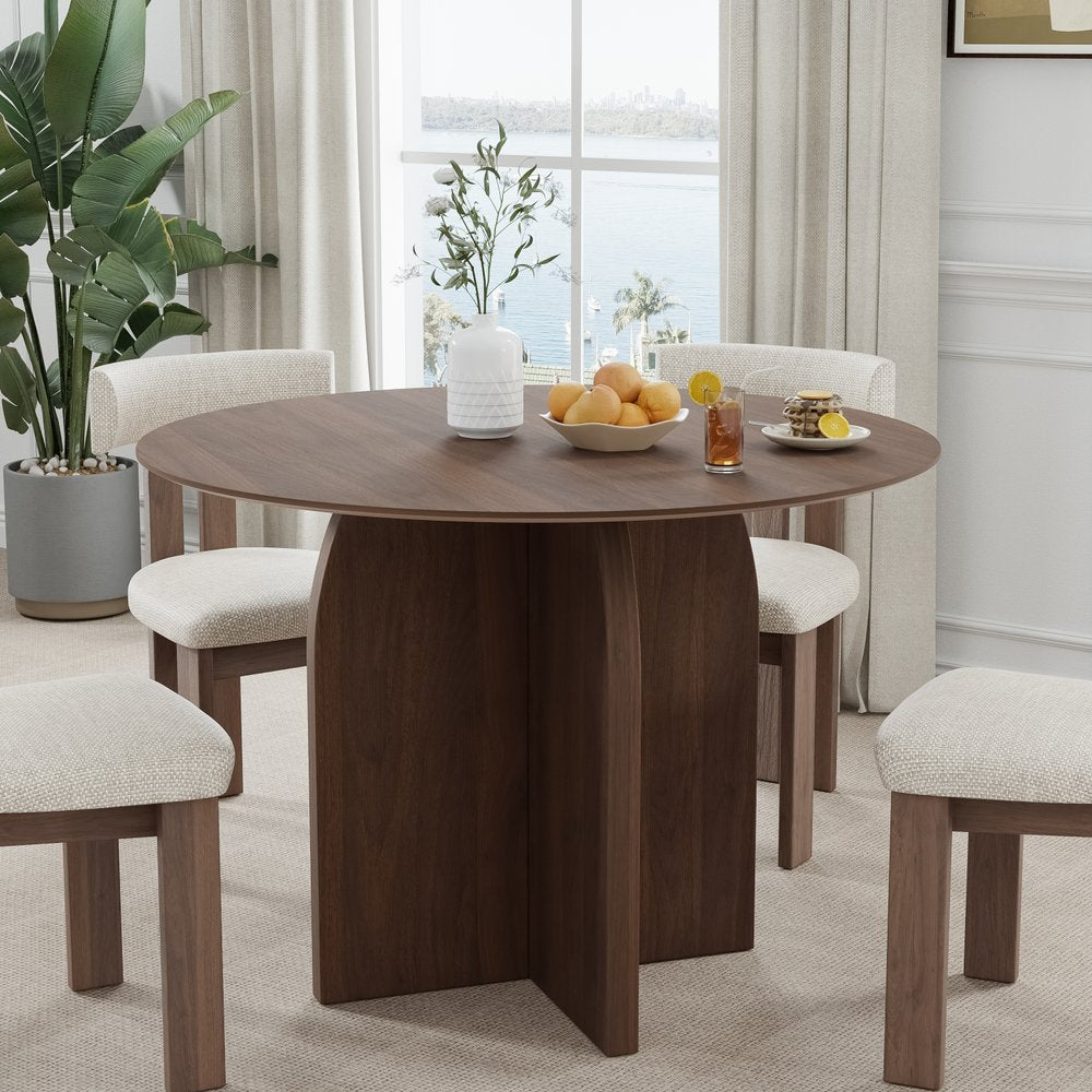 42" Brown Solid Wood Pedestal Base Round Top Dining Table