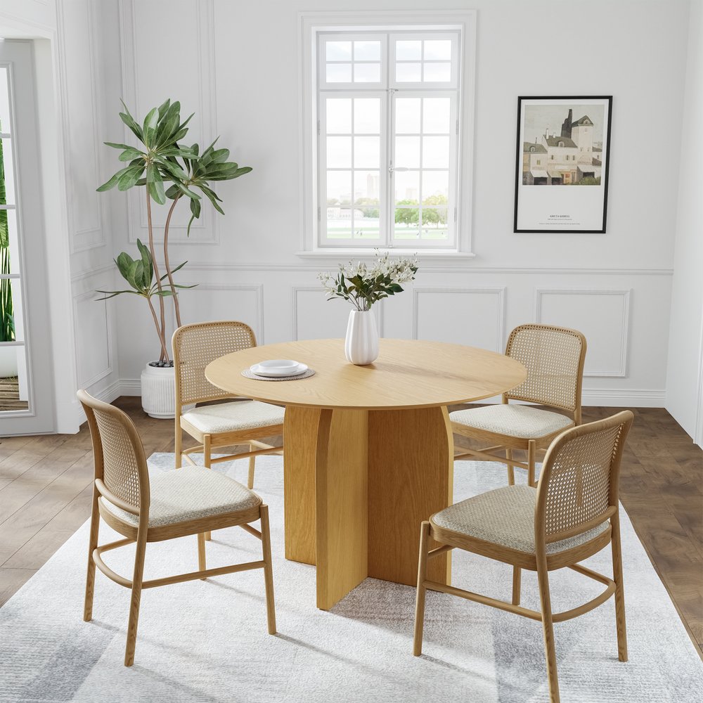 42" Beige Solid Wood Pedestal Base Round Top Dining Table
